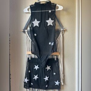 iheartraves Reflective Black Star Patterned Set Bottoms Mesh.